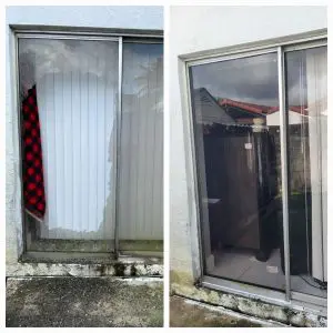Broken sliding glass door panel before and after repair in South Miami, FL