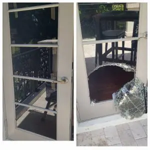 “Cracked residential glass window before repair in South Miami, FL”