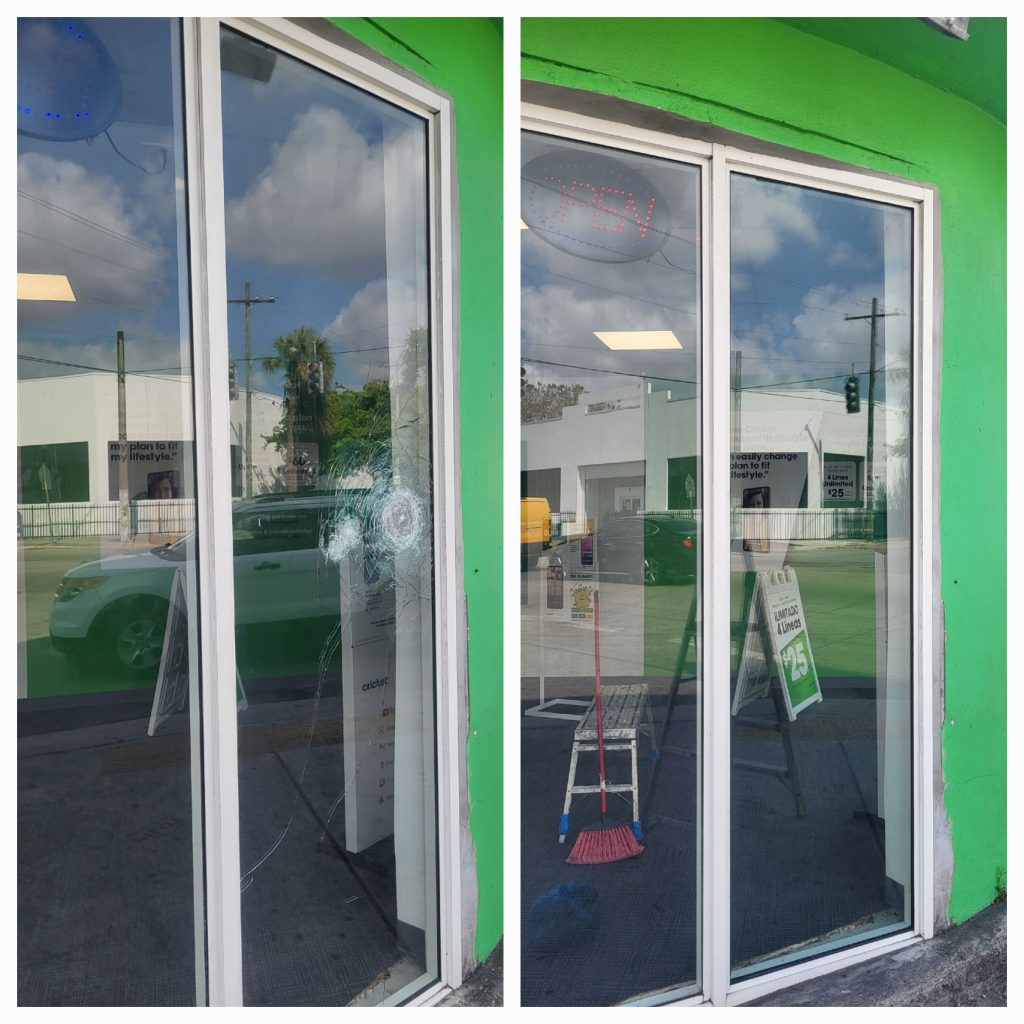 Technician performing window repair and glass replacement in Miami-Dade County.