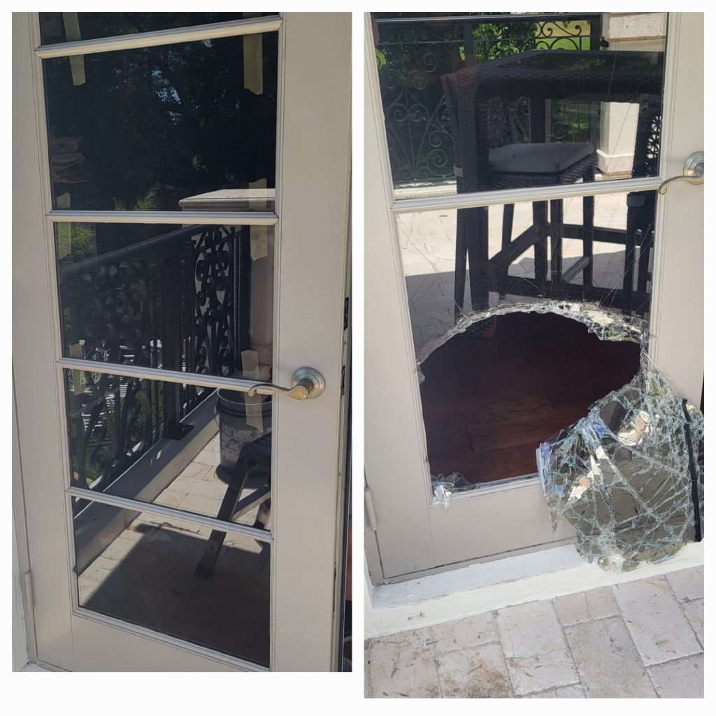“Cracked residential glass window before repair in South Miami, FL”