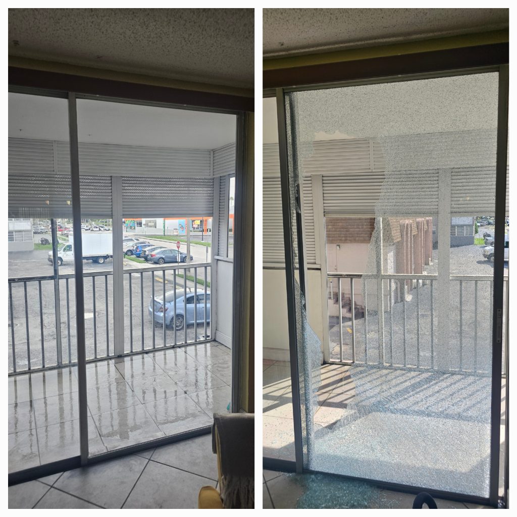 Sliding glass door shattered glass replacement service in South Florida